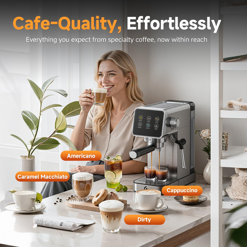 20 Bar Espresso Machine, LED Touch Screen Coffee Maker with Self-Cleaning & Milk Frother, Compact Cappuccino Latte
