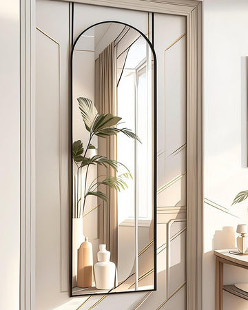 14"x 48" Arched Vertical Wall Mirror, Black, Over The Door, Full Body, Hanging Door Mirror