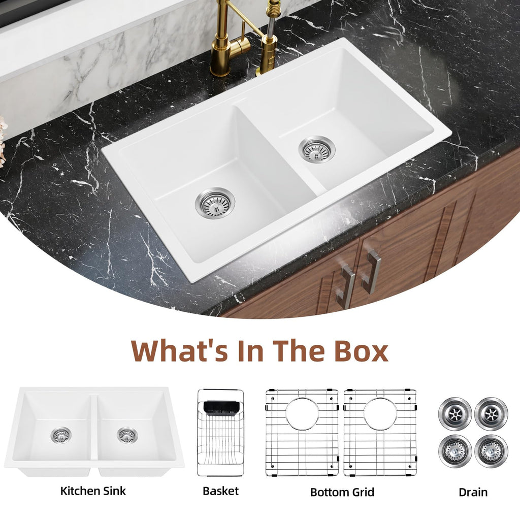 30 Inch White Double Bowl Undermount Kitchen Sink 50/50, 30 x 18 White Granite Composite Kitchen Sink, Deep Quartz