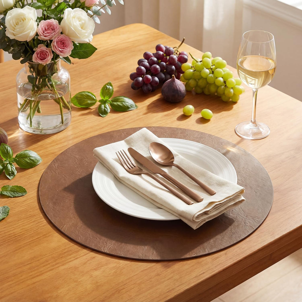 Brown Faux Leather Placemats Set of 8, 15 Inch Waterproof Wipeable Heat Resistant Vinyl Place Mats, Reversible Table