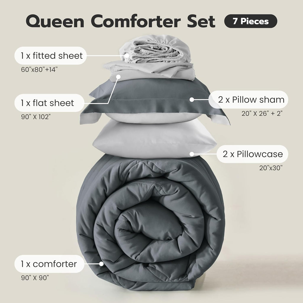Joiedomi Queen Comforter Set with Sheets Dark Grey, 7 Pieces Queen Bed Set with 1 Down Alternative Comforter
