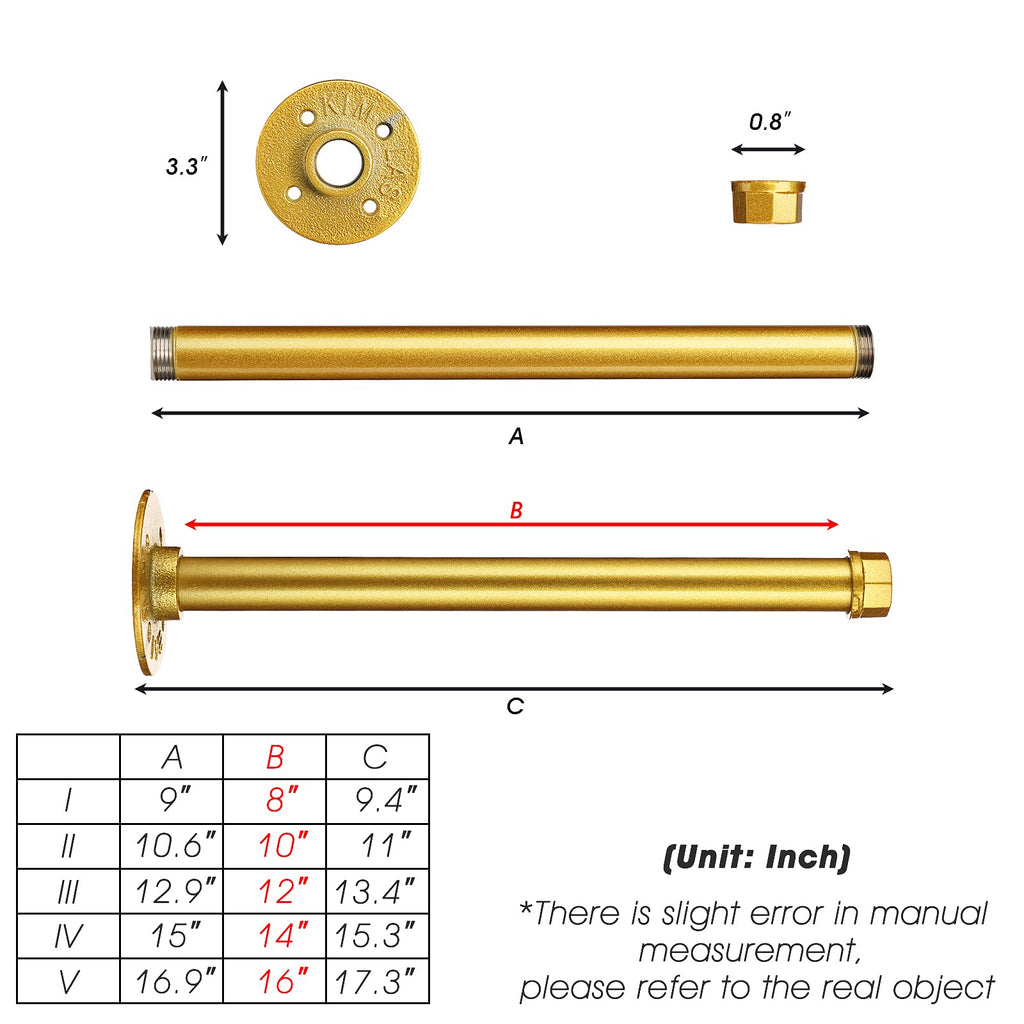 Gold Pipe Shelf Brackets 12 Inch, Industrial Metal Wall Brackets, Set of 4