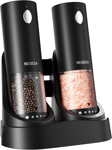 Electric Salt and Pepper Grinder Set with Rechargeable Base - Automatic Refillable Electric Salt and Pepper Shakers - Set of 2