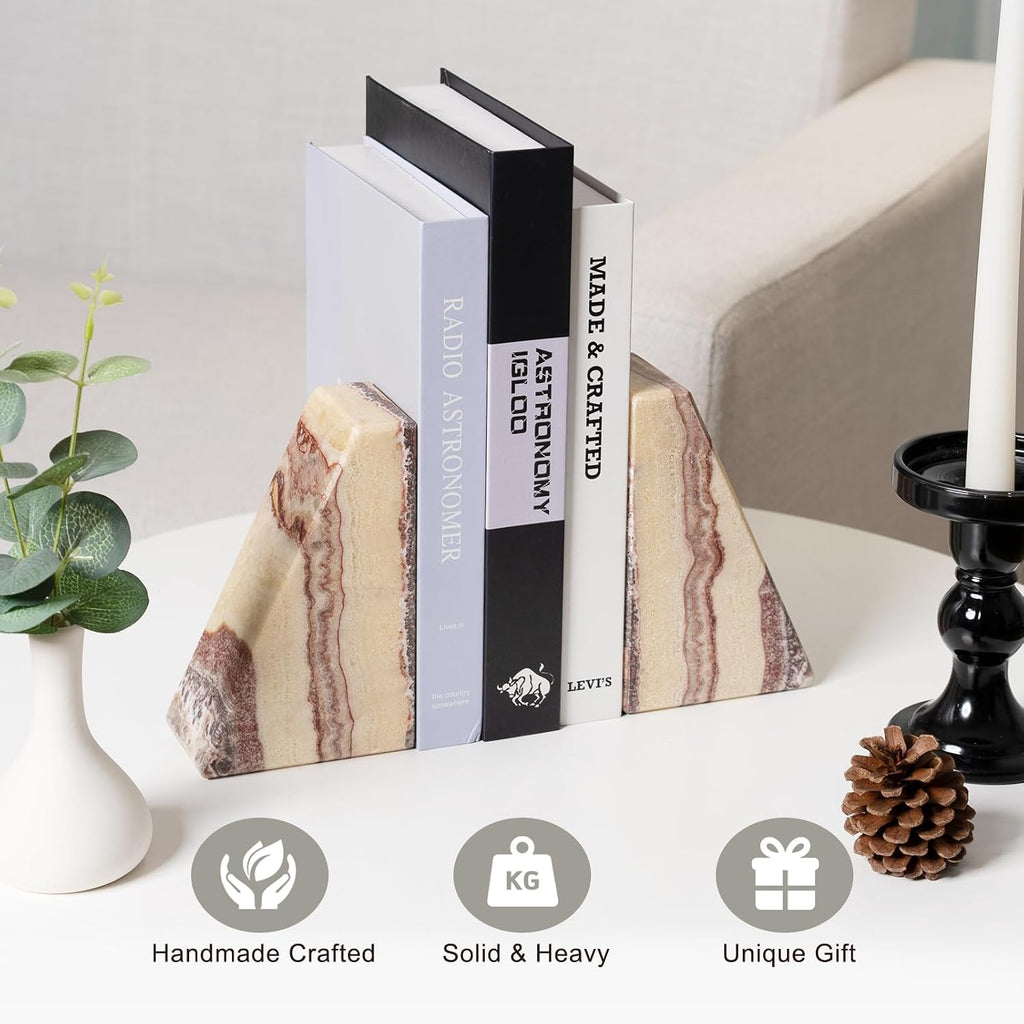 Natural Onyx Bookends for Shelves, Decorative Bookends for Heavy Books, Non-Slip Heavy Duty Book Stopper for