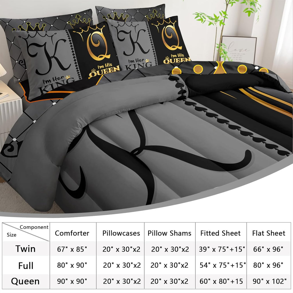 Grey and Black Comforter Set Queen IZE,7-Piece K and Q Printed Crown Couple Bed in a Bag,His Her Lover Comforter & Fitted Sheet & Flat Sheet & 2 Pillowcases,2 Pillow Shams