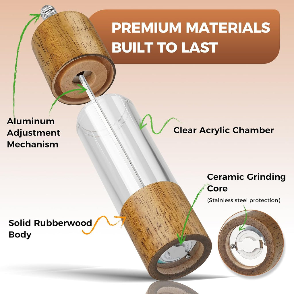 2-Pack Wooden Salt and Pepper Grinder Set - 8 Inch Manual Adjustable Ceramic Grinding, Refillable Acrylic Salt - Set of 2