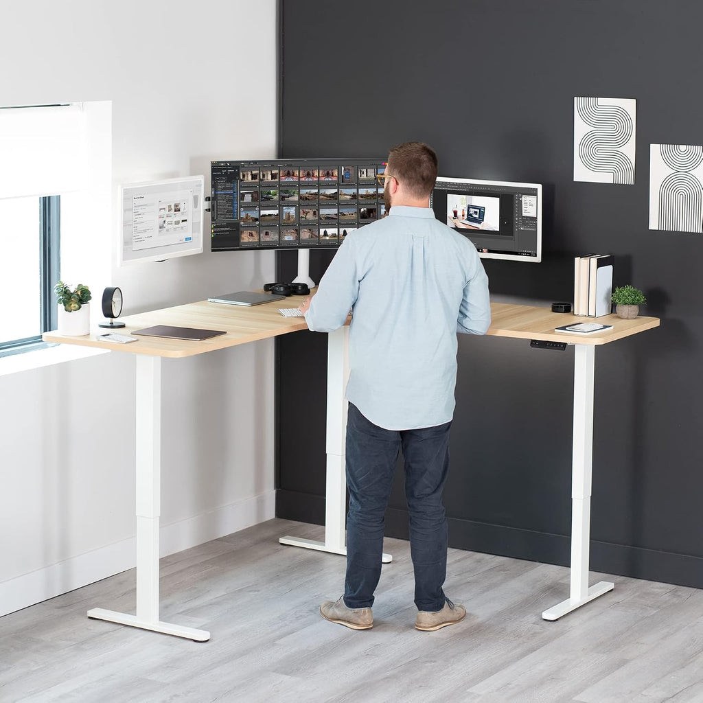 Light Wood 71 x 71 in Corner Standing Desk, DESK-KIT-E3CWC | Electric, Triple Motor, Holds 264 lbs, Sit Stand