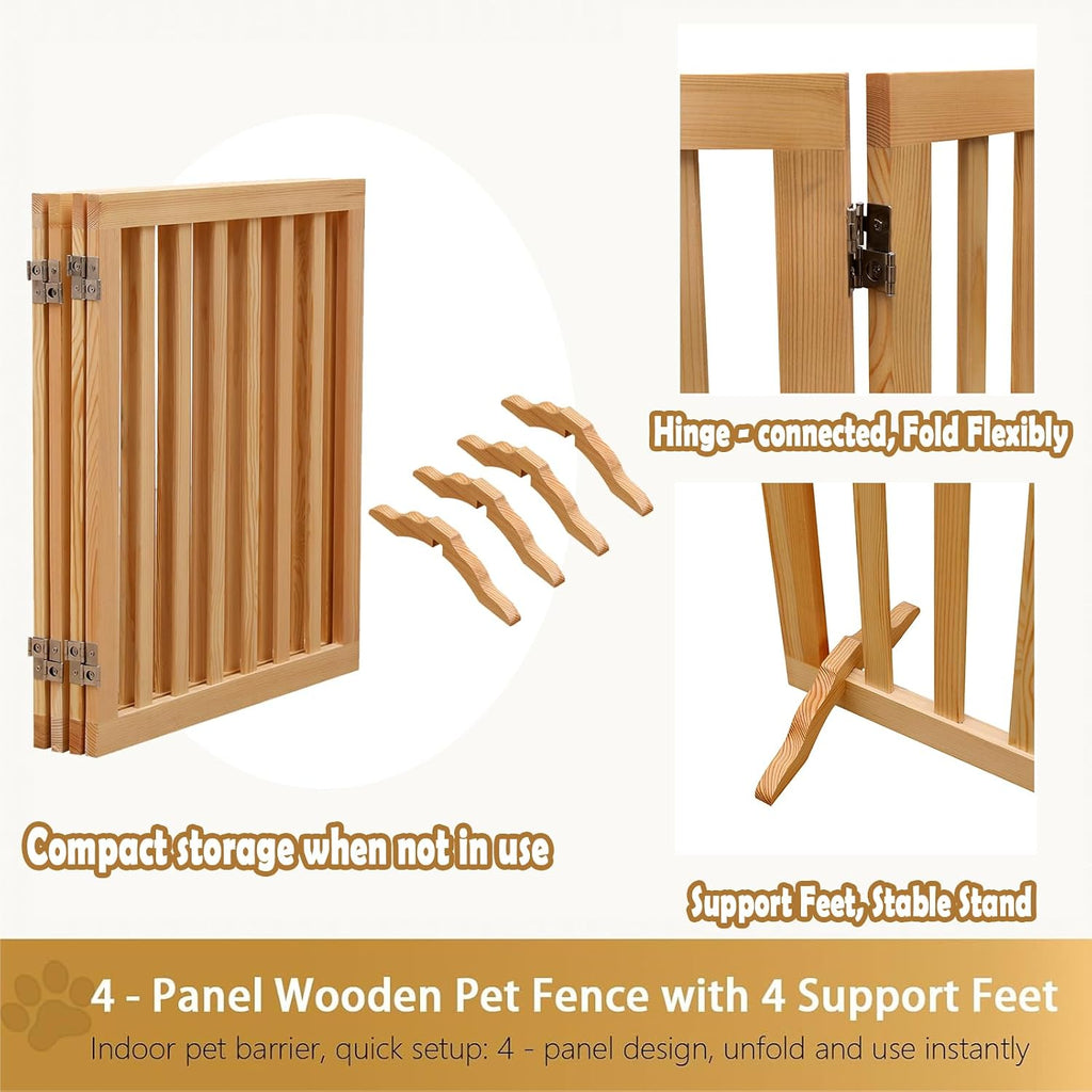Wooden Foldable Dog Gate Freestanding 4 Panels Puppy Safety Fence-Brown