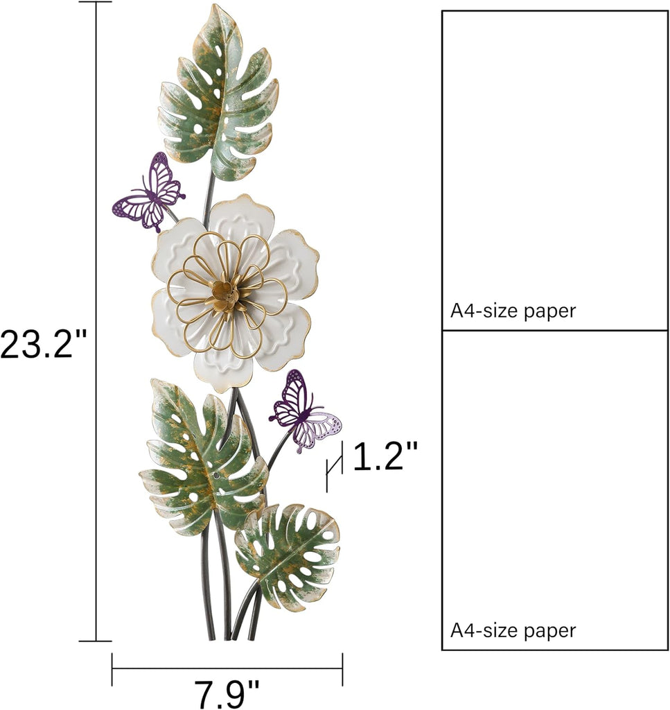 3D Metal Wall Decor 23 X 8 Inch, Flower, Butterfly and Leaves