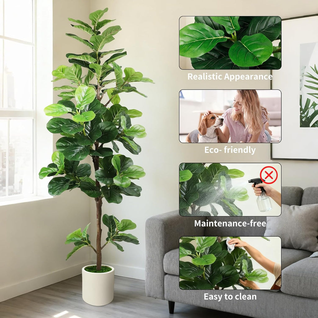 6FT Artificial Fiddle Leaf Fig Tree with White Planter & Fake Moss, Realistic Faux Ficus Lyrata Floor Plant Home