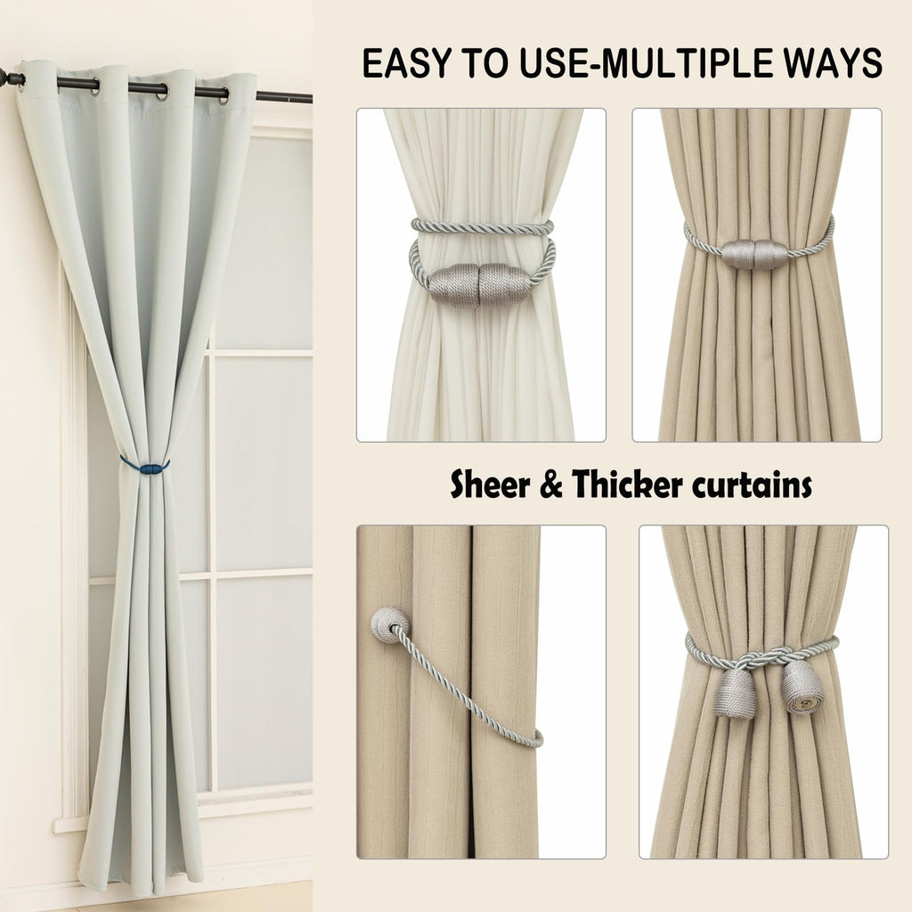 Magnetic Curtain Tiebacks - Rope Tiebacks for Curtains & Drapes, Decorative Window Holdbacks, Grey (2 Pack)