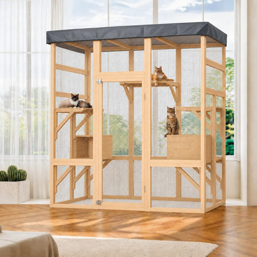 70" Walk-in Wooden Catio, Outdoor Cat Enclosure with Window Access, Natural