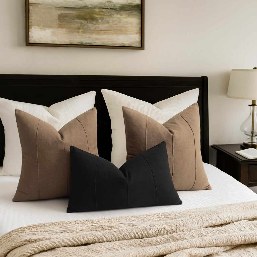 Decorative Linen Throw Pillow Covers 18x18 Set of 2 Solid Handcrafted Striped Cushion Covers for Bed Soft Modern