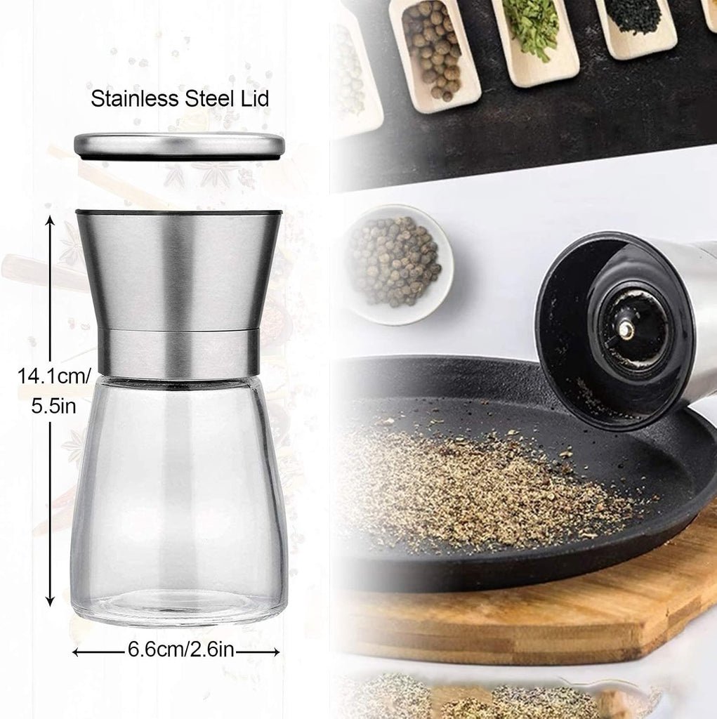 Salt and Pepper Grinder Set with Wooden Standing Tray, Refillable Pepper Mill Set - Brushed Stainless Steel - Short - Set of 2