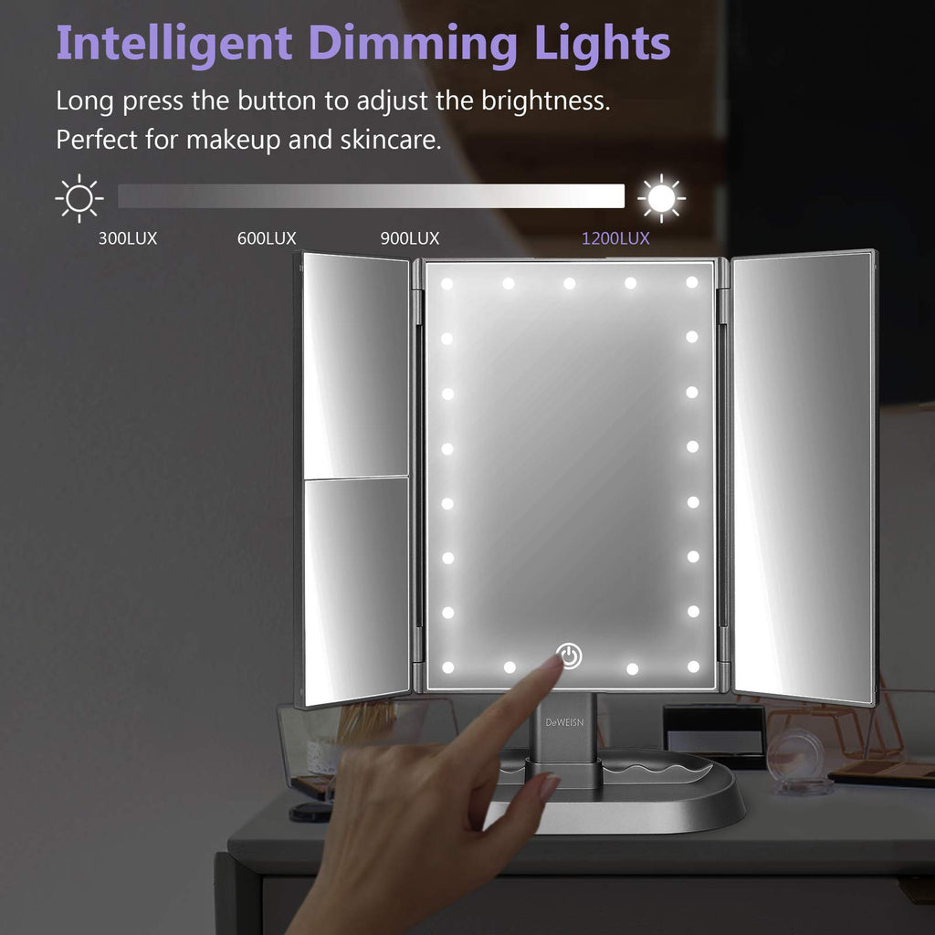 Trifold Lighted Vanity Makeup Mirror with 21 LED Lights,1/2/3 Magnification and Dimming,Two Power Supplies Makeup