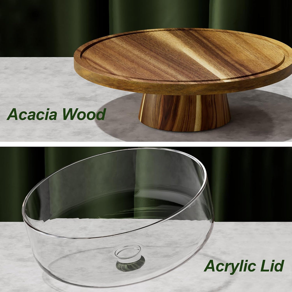 12 Inch Acacia Wood Cake Stand with Lid, 2-in-1 Wooden Cake Plate with Dome & Charcuterie Board, Round Cake Holder
