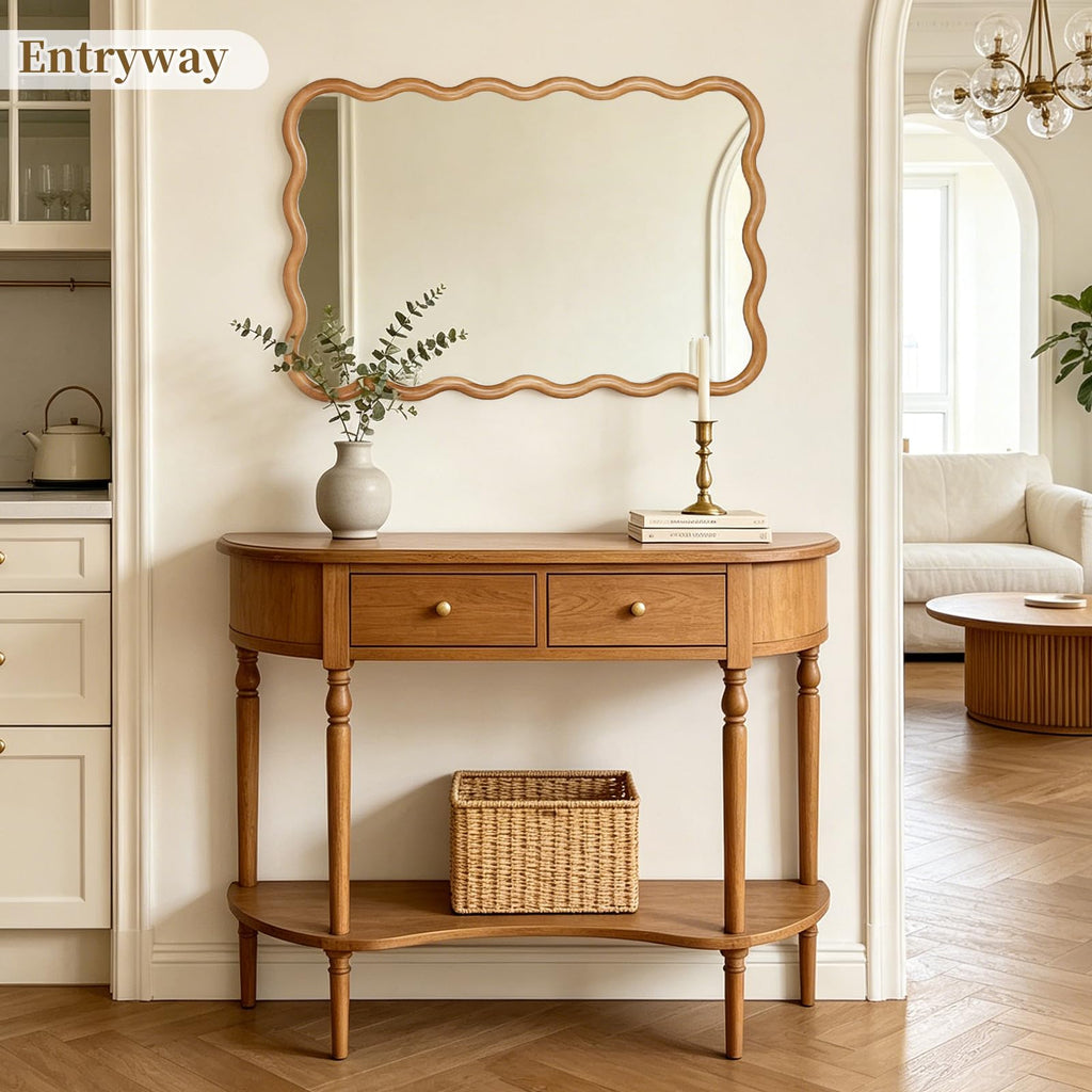 24"x36" Wavy Wood Mirror, Rectangular Wall Mirror with Natural Wooden Frame, Boho Farmhouse Country Bathroom Vanity
