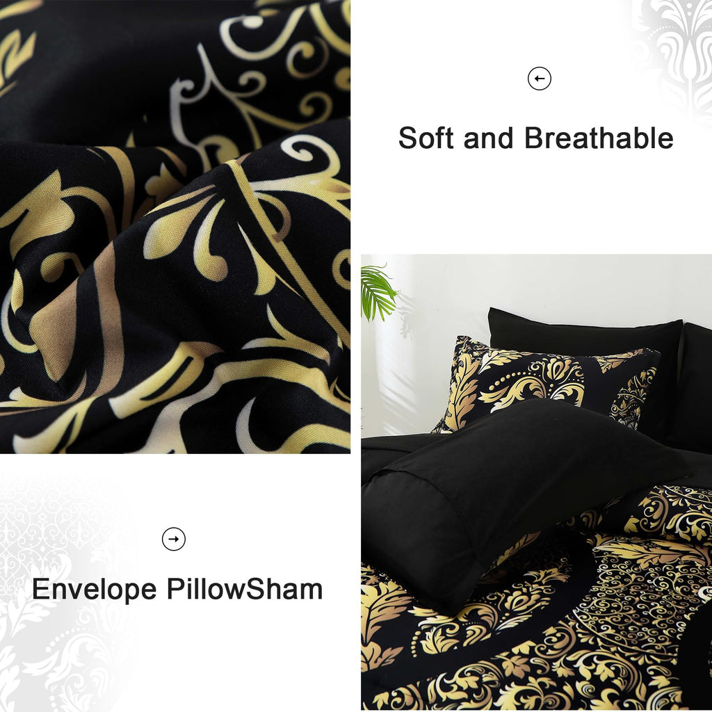 Black Gold Comforter Set Queen Size, 7 Pieces Luxury Bohemian Damask Comforter Set Soft Lightweight Microfiber