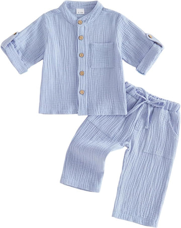 Baby Boy Cotton Linen Outfit Fall Winter Long Sleeve Button Down Henley Shirt Linen Pants Toddler Boys Clothes Set