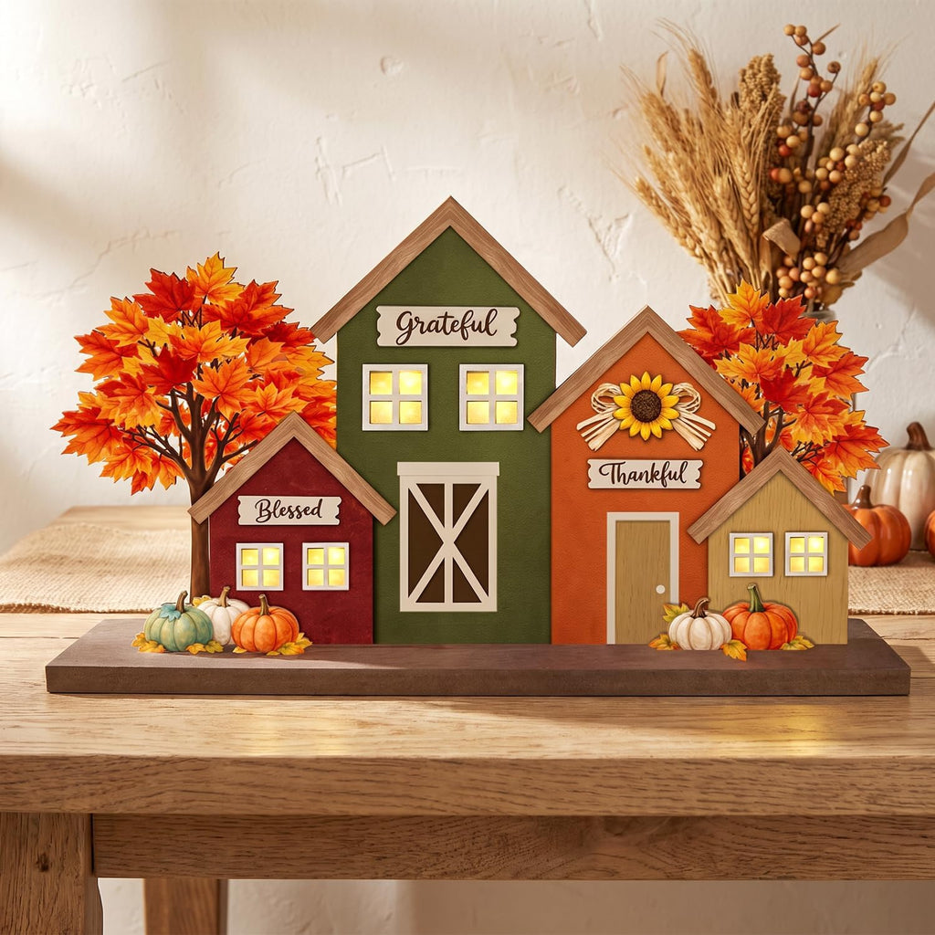 Fall Decor with LED Lights, Blessed Grateful Thankful Wooden Harvest Village Table Sign, Lighted Tabletop Decorations
