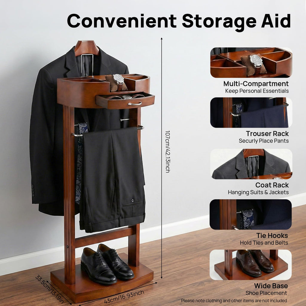 Wooden Valet Stand for Men, Suit Stand and Clothes Valet with Accessory Tray, Trouser Bar, and Shoe Base, Mens Valet