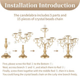 Gold Candelabra Candle Holder - 5 Arm Pillar Candle Holders with Crystal Beadsedding Candleholders Decoration Set of 2