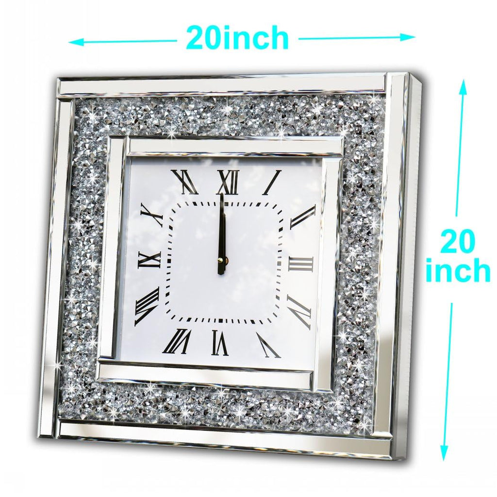 Silver Square Mirror Clock 20x20inches Crystal Sparkle Twinkle Bling Crushed Diamond Mirrored Large Wall Clock for