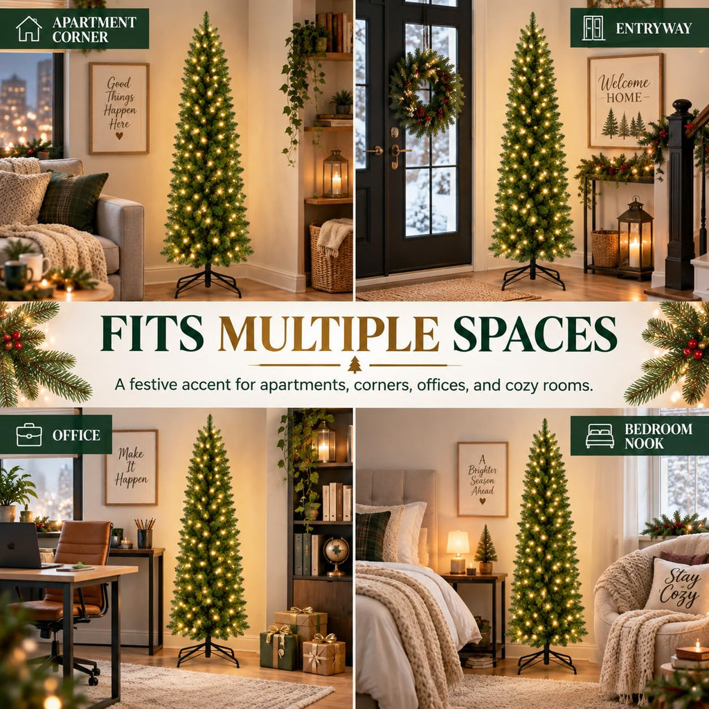 9FT Slim Pre-Lit Artificial Pencil Christmas Tree&Warm White Lights
