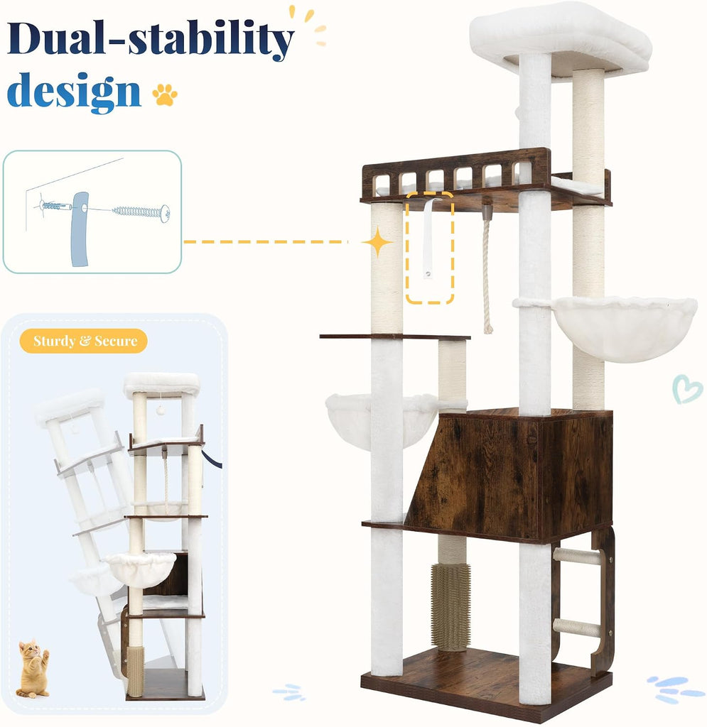Wooden Cat Tree Tower with Large Condos, 2 Platforms