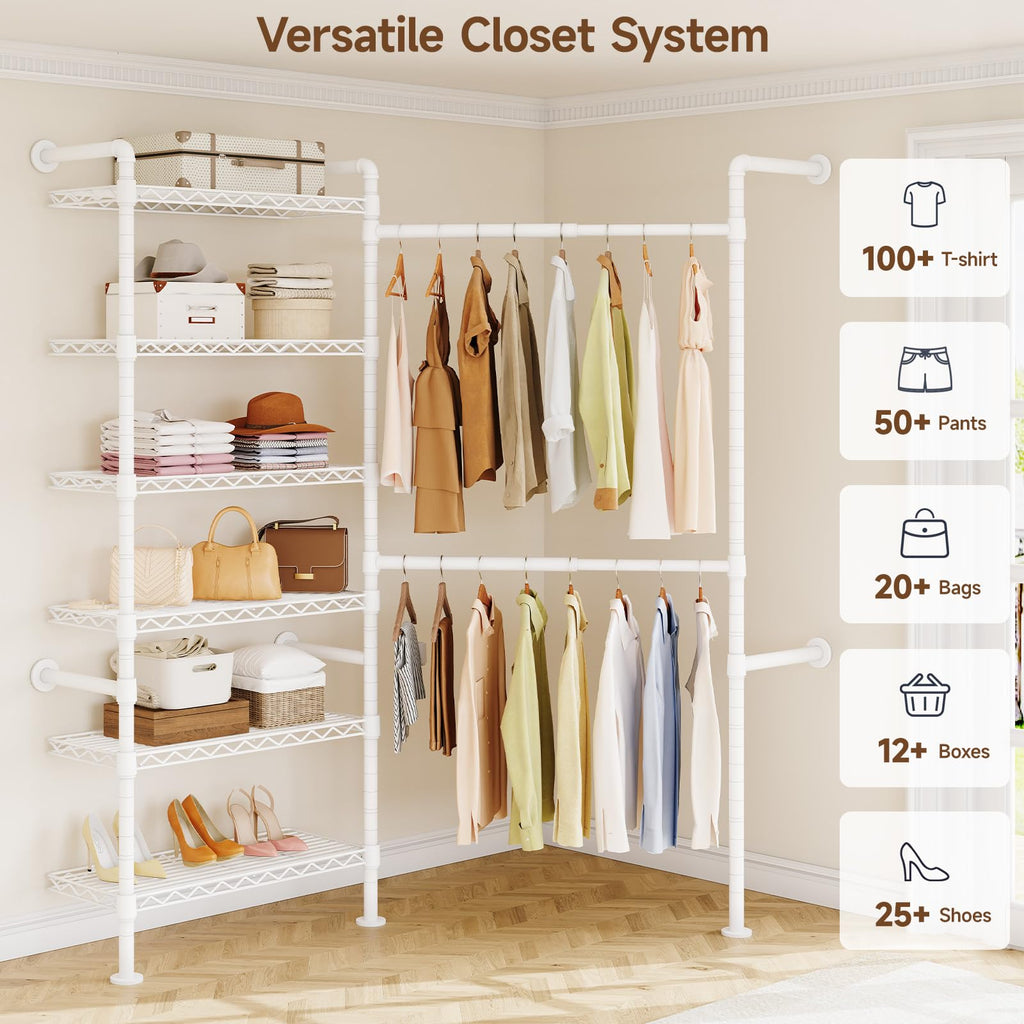 L2 Wall Mounted Closet System, Industrial Pipe Clothing Rack, White