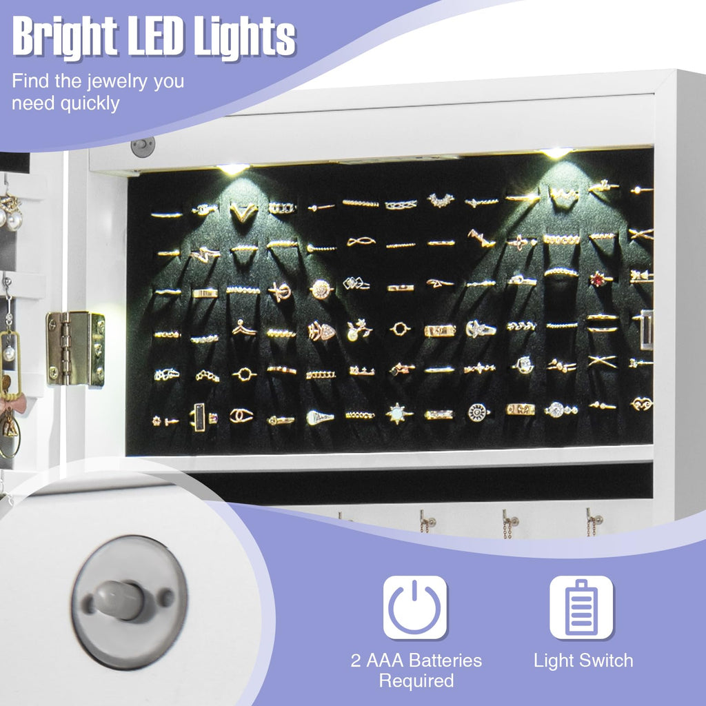 Mirror Jewelry Cabinet, Wall Door Mounted Jewelry Armoire with Full Length Mirror, Internal LED Lights & Drawers