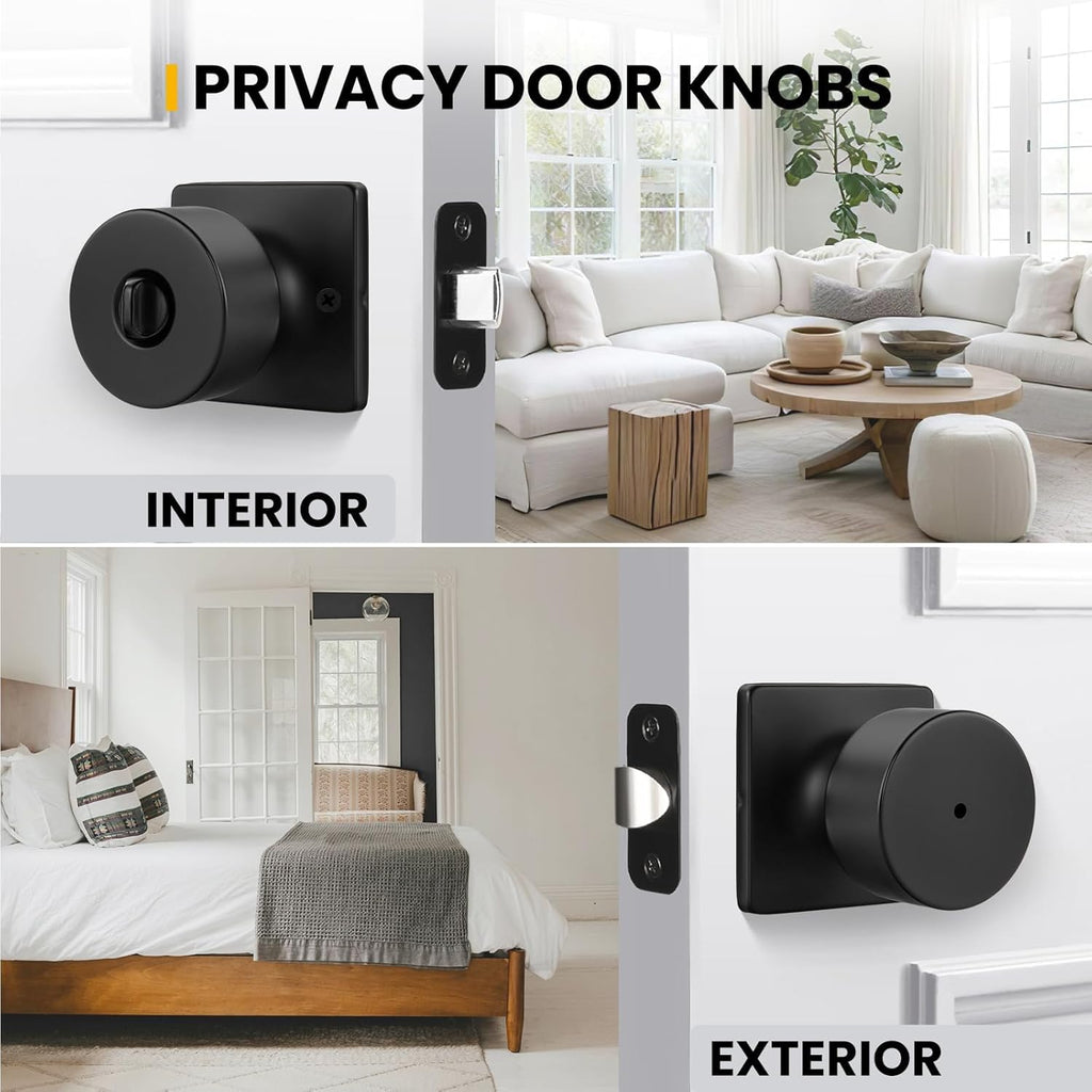 Matte Black Door Knobs Interior, Privacy Bedroom Door Knob with Lock, Black Interior Door Knobs Bathroom 4 Pack