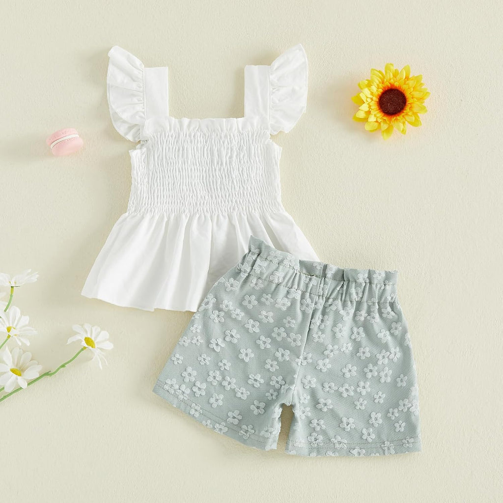Toddler Girl Summer Outfit Baby Girl Smocked Ruffle Sleeveless Shirt Top and Shorts Set 2 Piece Outfits