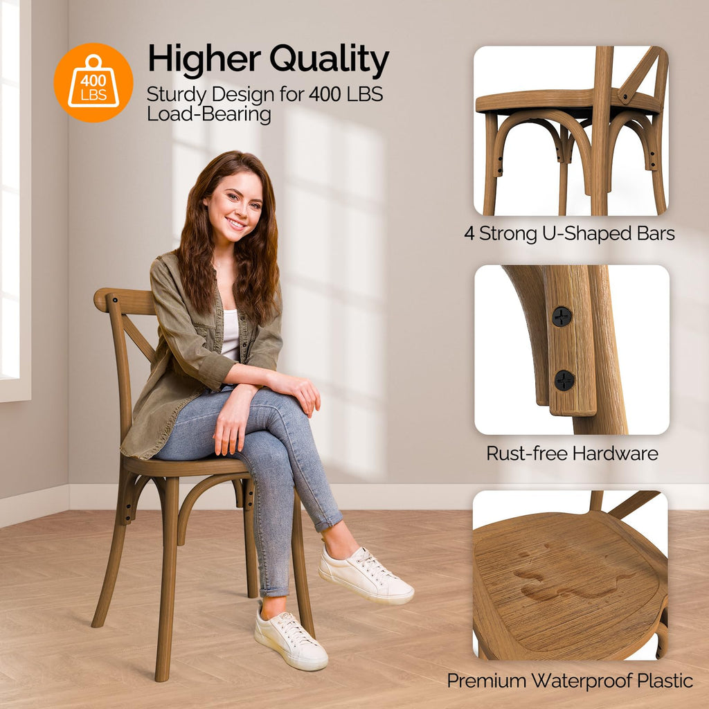Plastic Outdoor Dining Chairs Set of 4, Stackable Patio Farmhouse Brown Dining Chairs with X Back, Waterproof Kitchen
