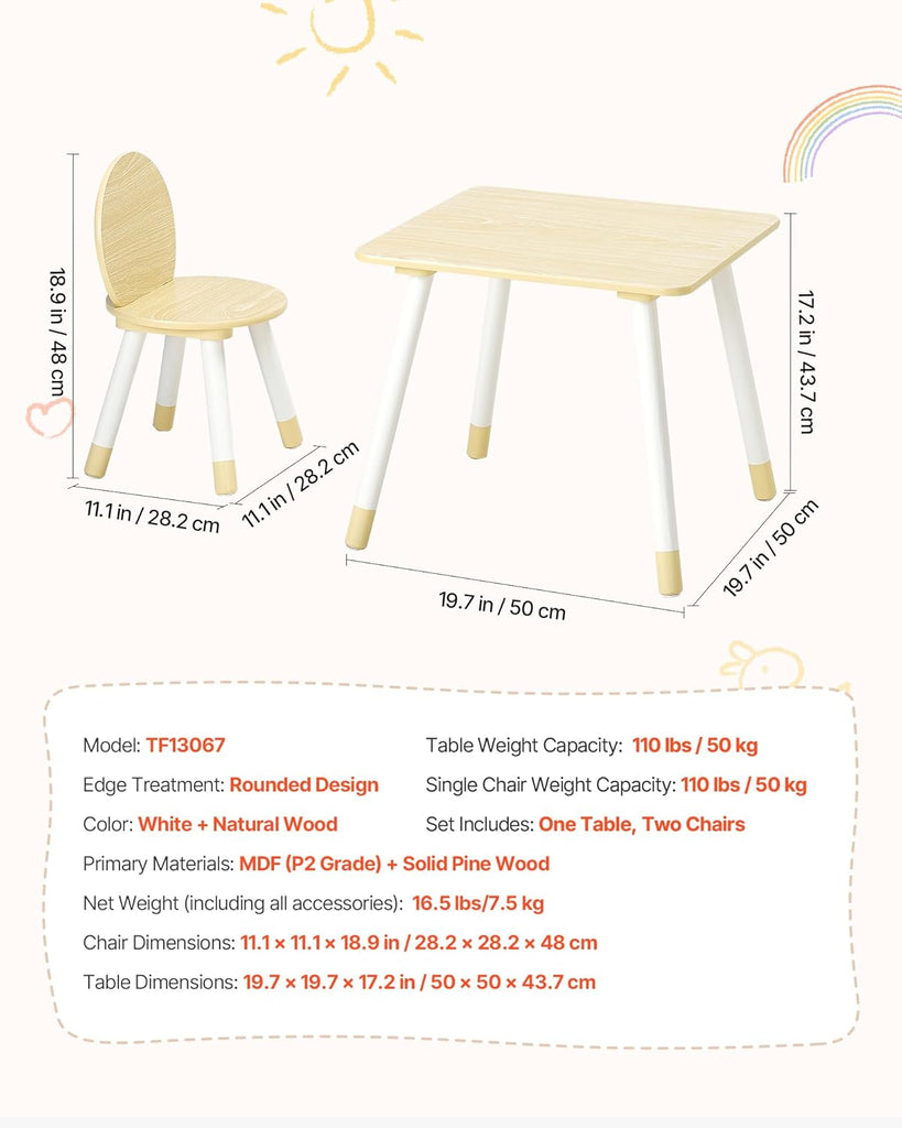 Kids Table and 2 Chairs Set, Toddler Table and Chair Set with Rounded Edge Design & Graffiti Desktop, Wooden Desk