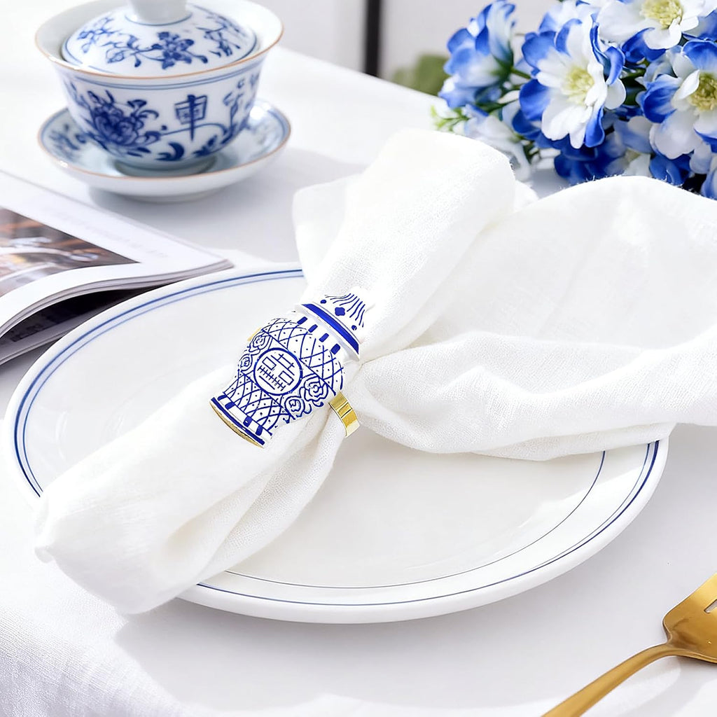 Blue White Porcelain Napkin Rings Vintage Chinoiserie Napkin Ring for Asian Christmas New Year Party - Set of 6