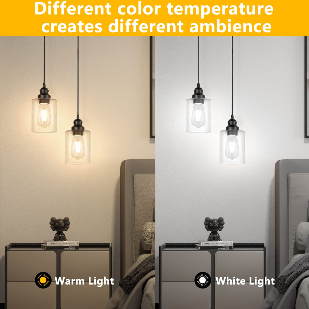 2 Pack Modern Black Pendant Lighting, Clear Glass Shade Pendant Lights Kitchen Island, Hanging Ceiling Light Fixture
