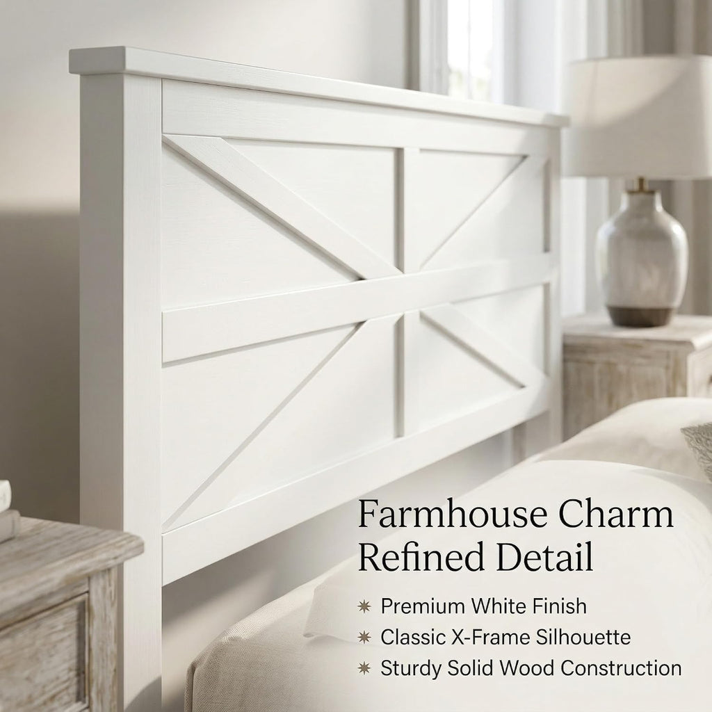 Farmhouse Queen Platform Bed Frame with Headboard and Footboard, Pinewood Bed Platform with Slat Support, No Box