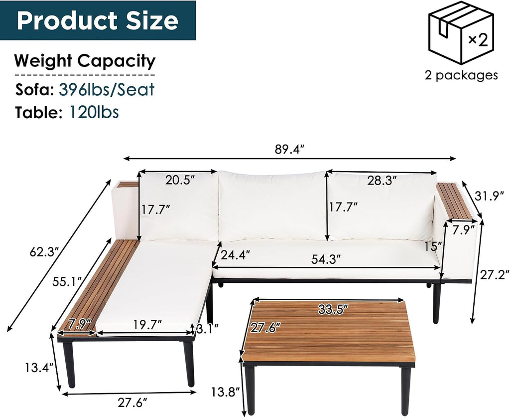 3 Pieces Acacia Wood Sectional Patio Sofa with Coffee Table, Outdoor L-Shaped Sectional Sofa with Side Table
