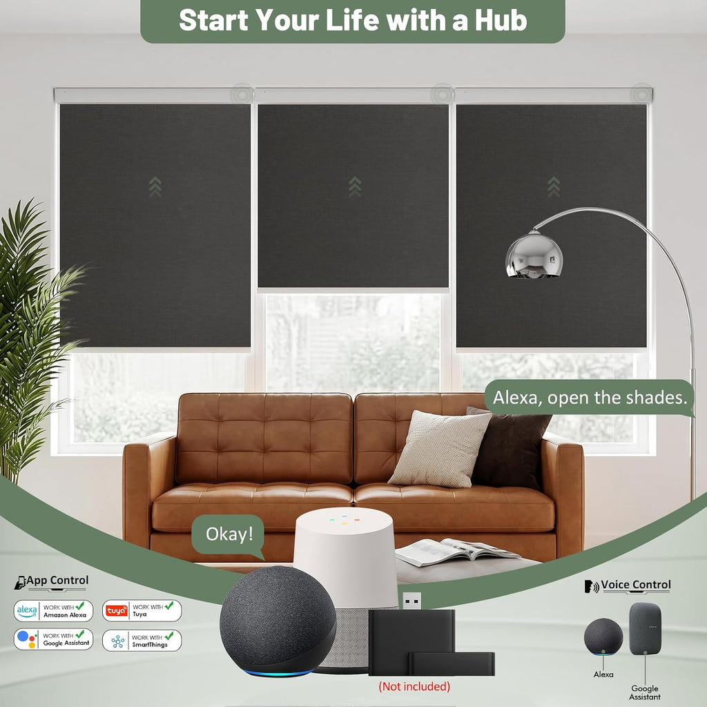No Drill Motorized Blinds with Remote, Black, | 100% Blackout Smart Electric Roller Shades, Automatic Cordless Blinds