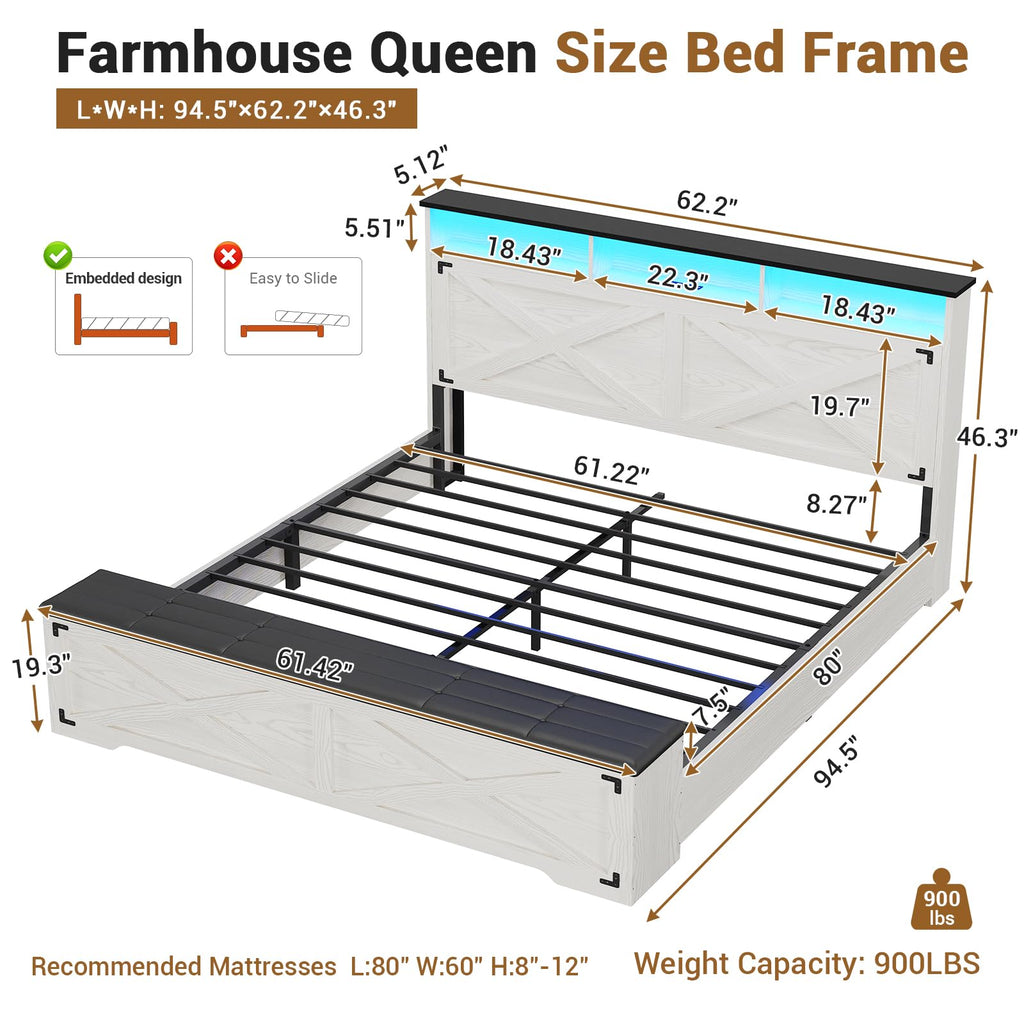 Bed Frame with Storage Ottoman, Farmhouse Bed Frame with Charging Station and Led Light, Headboard with