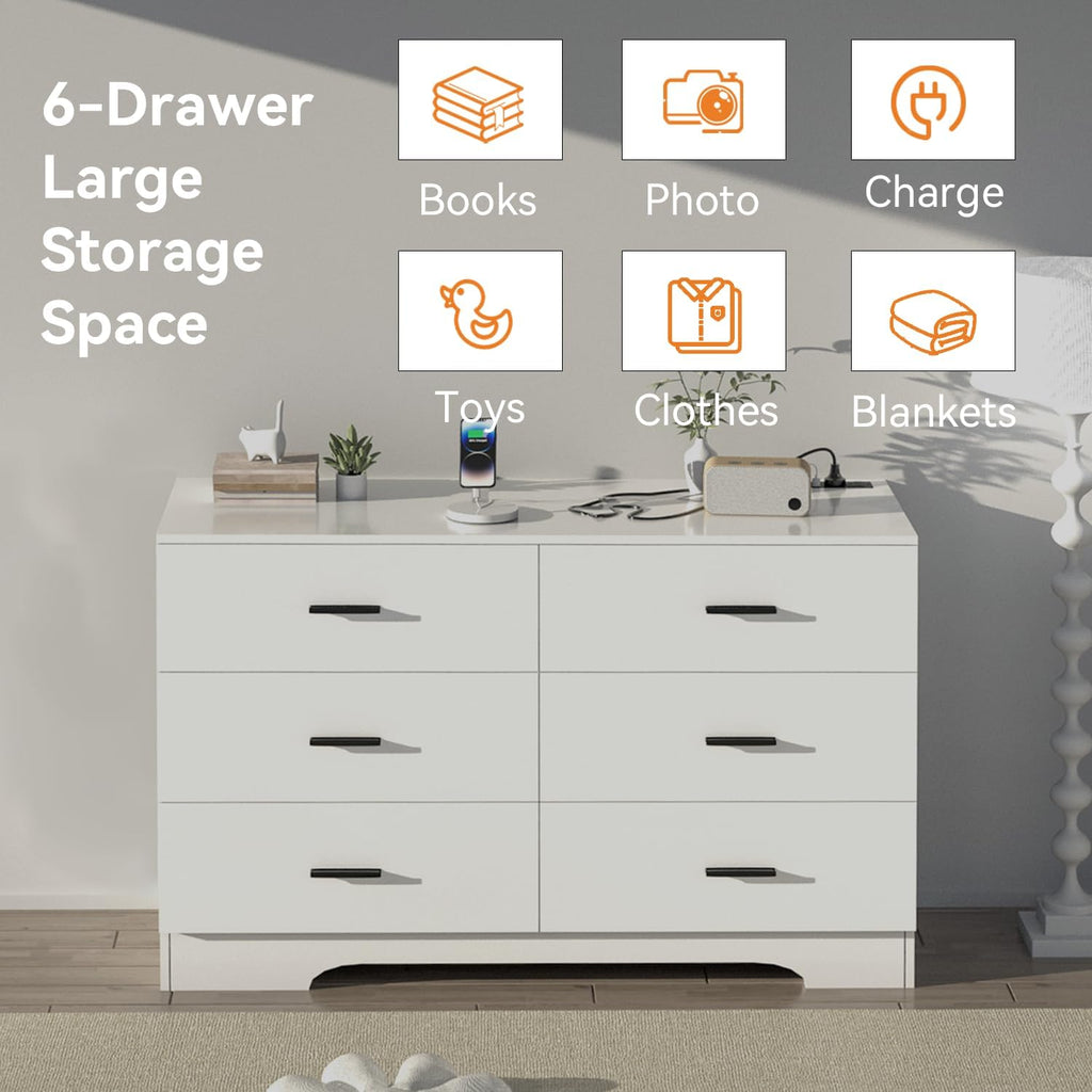 Dresser with Power Outlets Wooden 6 Drawer Dresser with USB and Type C Port Chest of Drawers Tall White Storage
