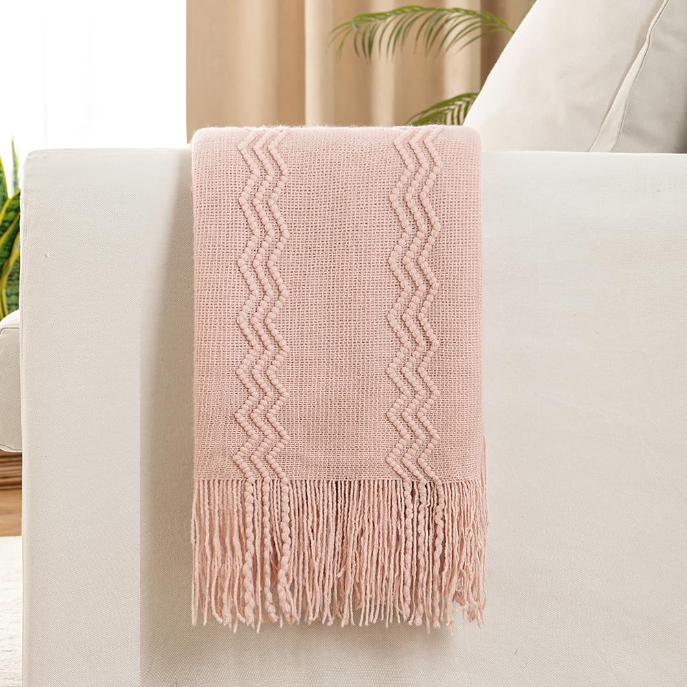 Light Pink Knitted Boho Throw Blanket for Couch 50"x60"