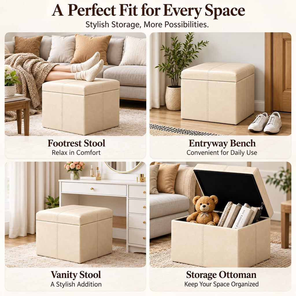 Modern Faux Leather Cube Storage Ottoman Bench, Warm Beige, Sturdy Footrest with Hidden Storage - 17.3" Cube
