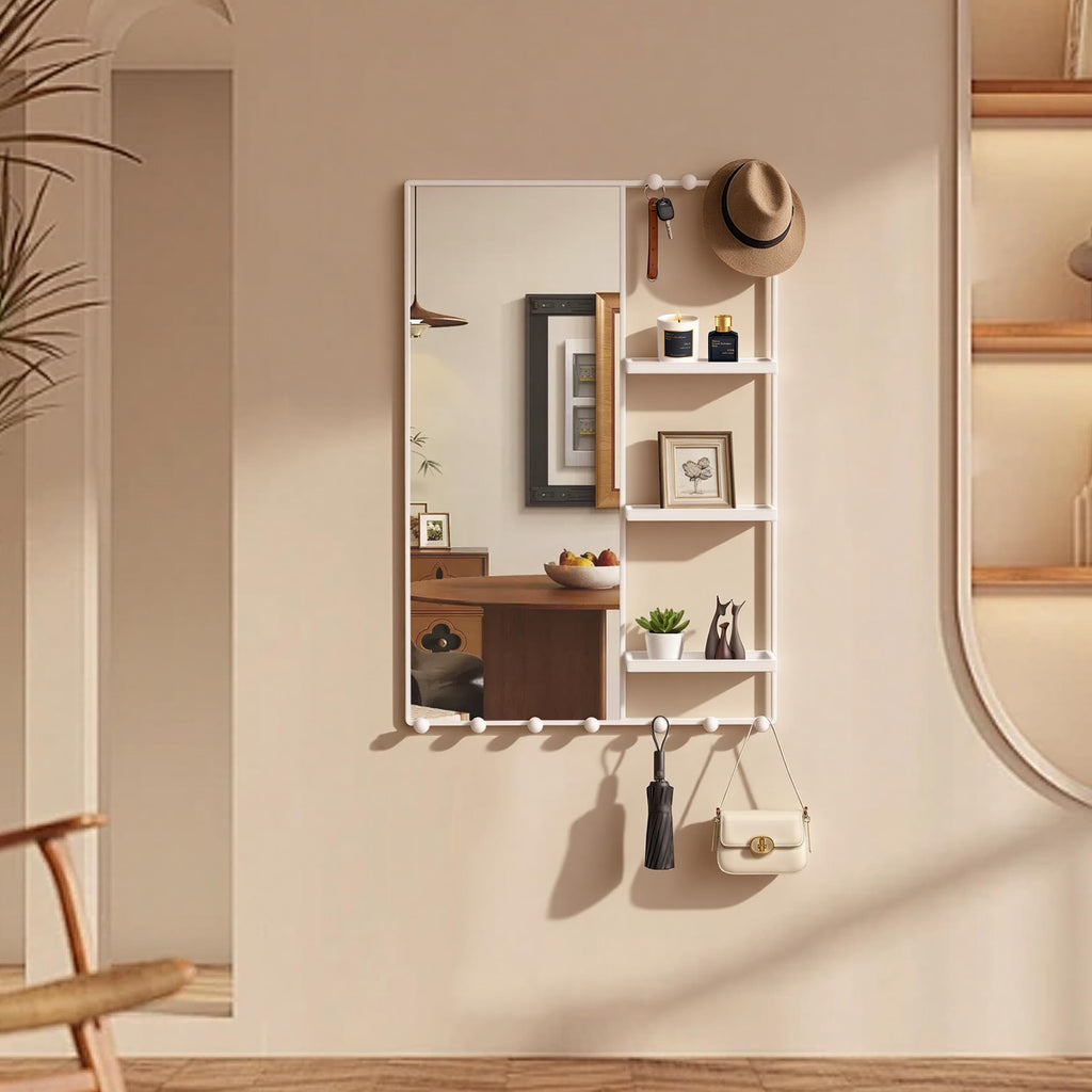 38" X 26" White Wall Mounted Mirror for Wall, Full Length Mirror with Shelf and Hooks, Large Wall Mirror with 3 Trays