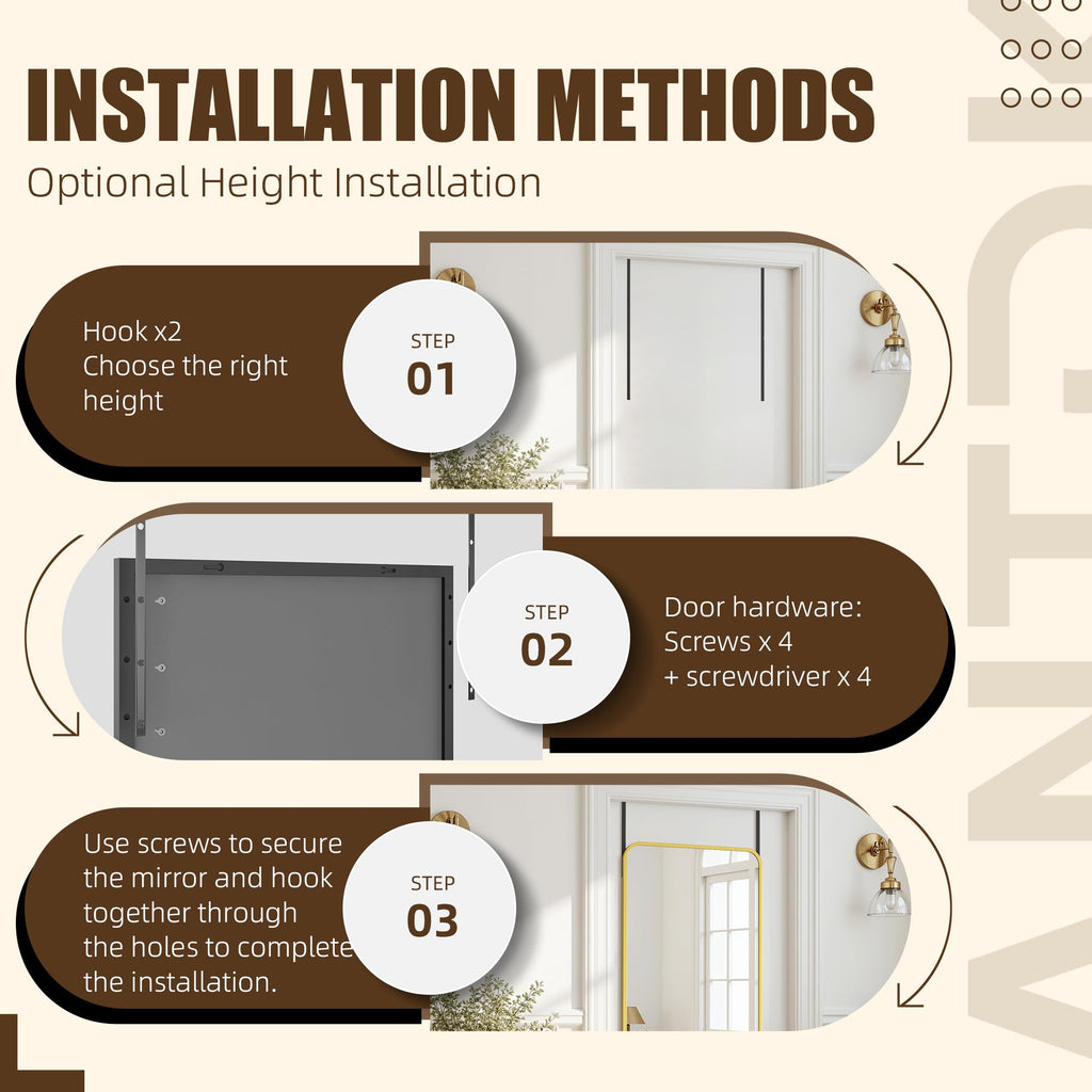 Over The Door Mirror Full Length, 58'' x 21''Wall Mounted Hanging Mirror, Aluminum Alloy Frame, Shatterproof Glass