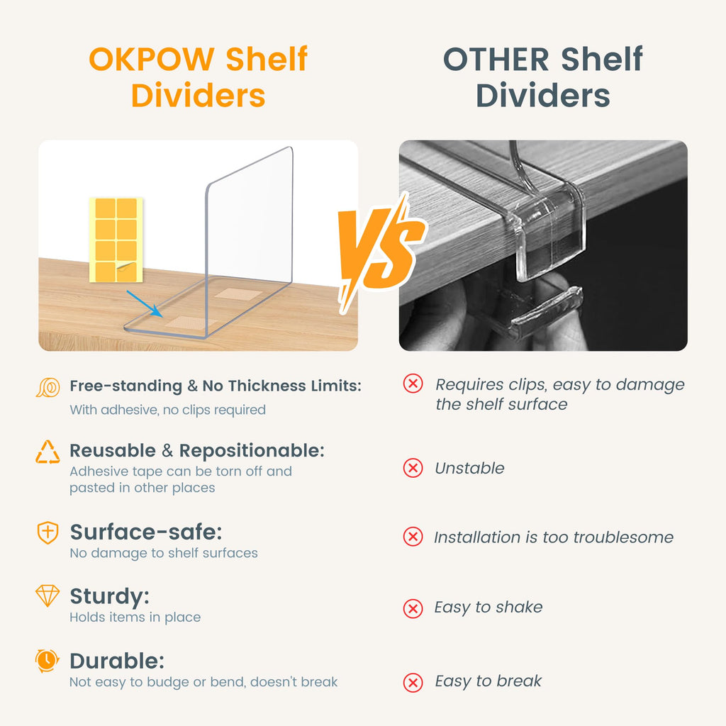 Shelf Dividers for Closet Organization - Keep Sweaters & Purses Upright, Clear Acrylic Separators for Most Wood