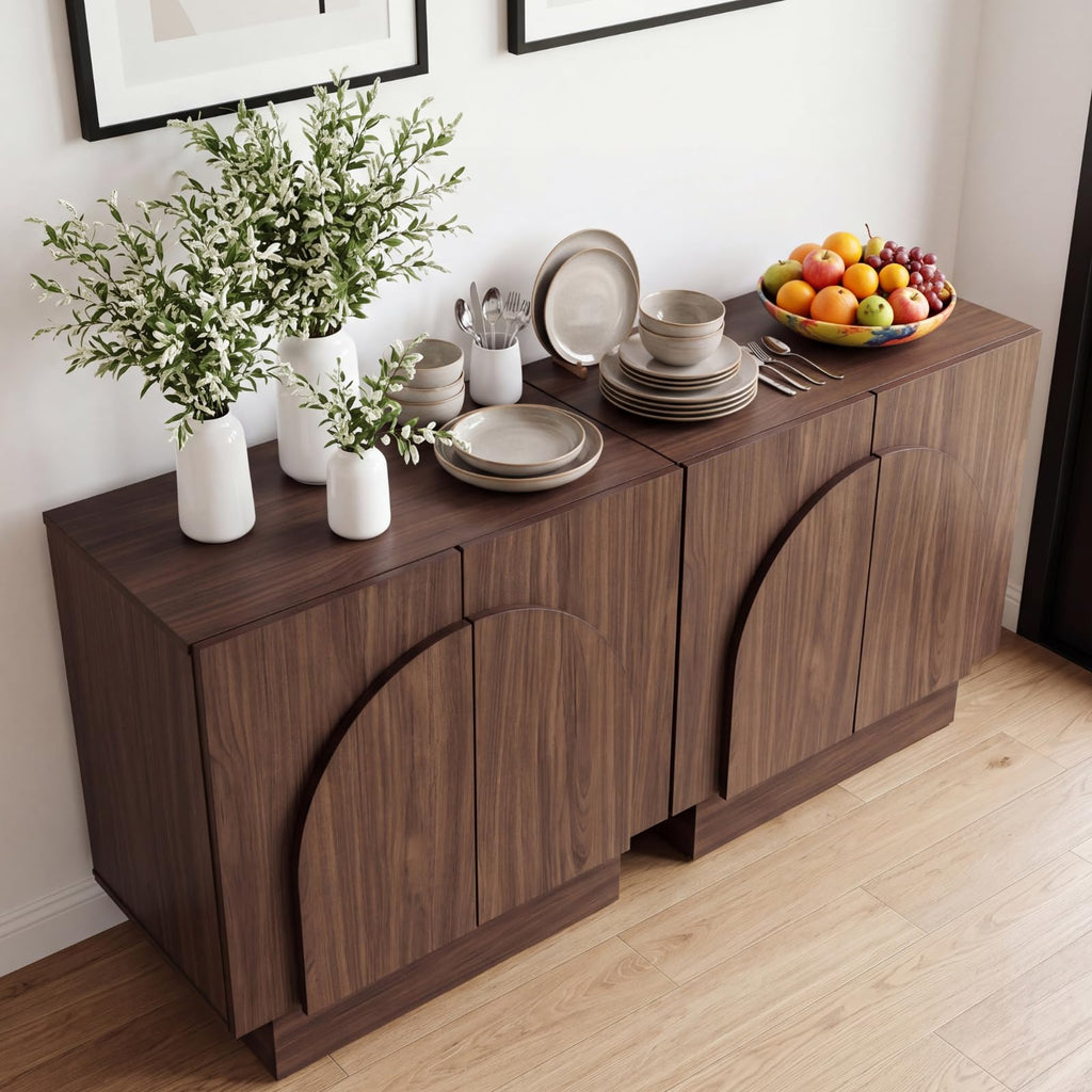 Walnut Sideboard Buffet Cabinet with Storage Set of 4, 126" Modern Sideboard Cabinet with Arched Doors & Shelf