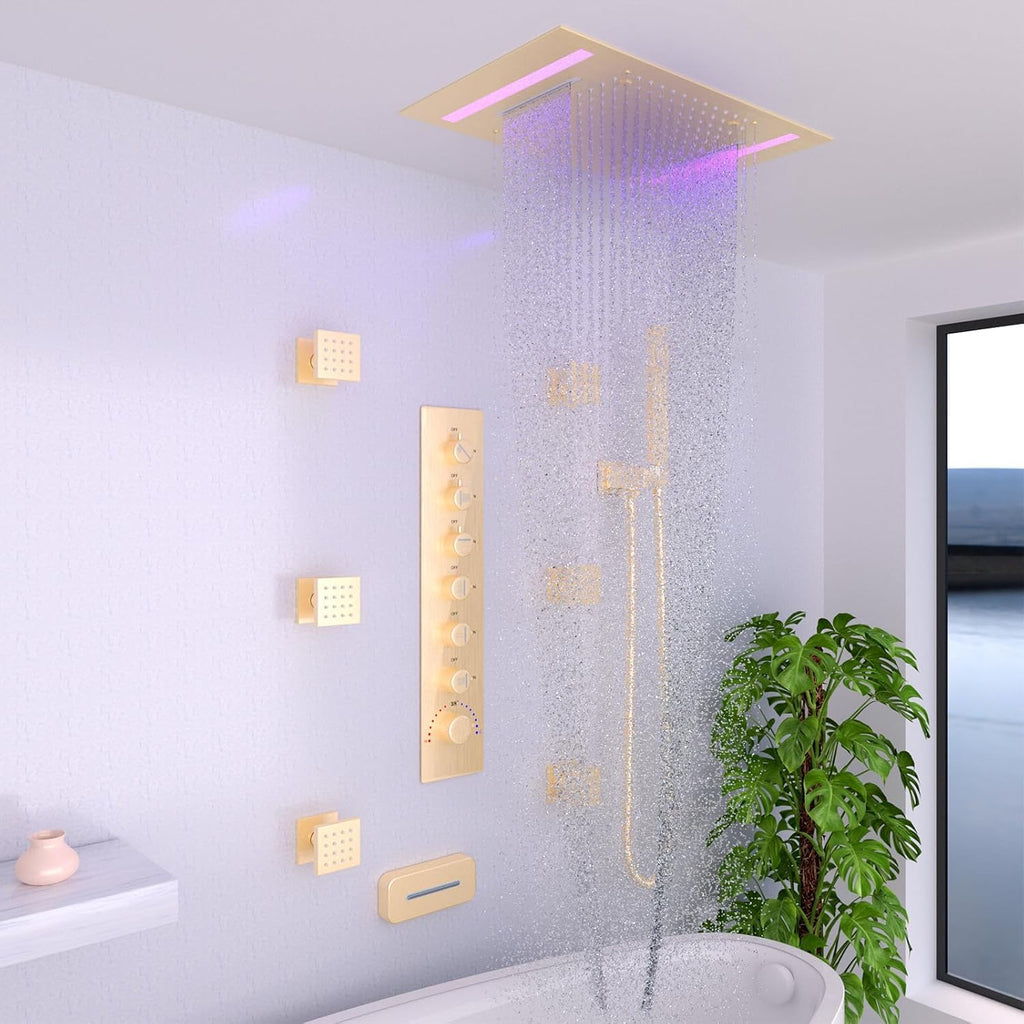 14x20" Luxury LED Shower Head with Lights, 3 Functions Rainfall Waterfall Mist, High-Pressure Ceiling Mount