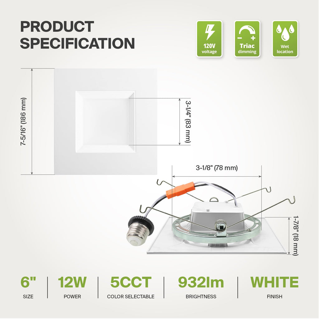 LED Retrofit 6 Inch Recessed Lights - Square 12W 1050LM 2700-5000K LED Recessed Lighting 6 Inch, Wet Rated Dimmable